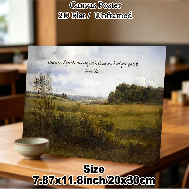 Biblical Verse Countryside Painting Poster, Serene Vintage Pastoral Landscape Poster, Soothing Scripture Quote Creates Tranquil Atmosphere, Ideal For_maomaolike.com
