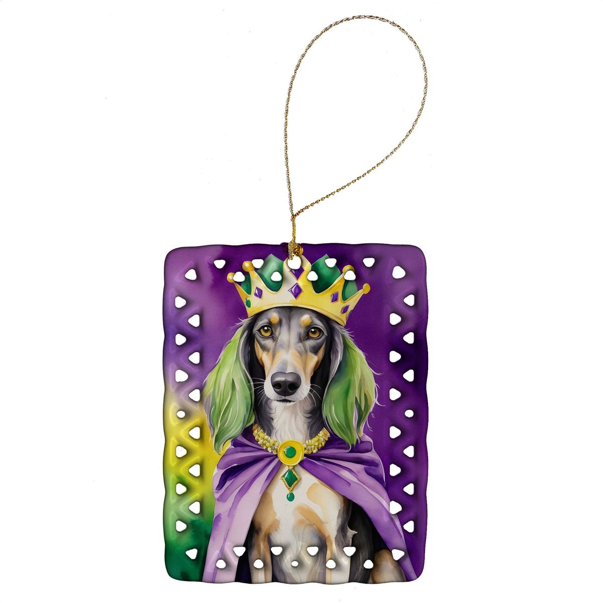 Saluki King Of Mardi Gras Porcelain Ornament Christmas Tree Hanging Decorations For Home Christmas Holiday, Rectangle, Gift, Multicolor_maomaolike.com