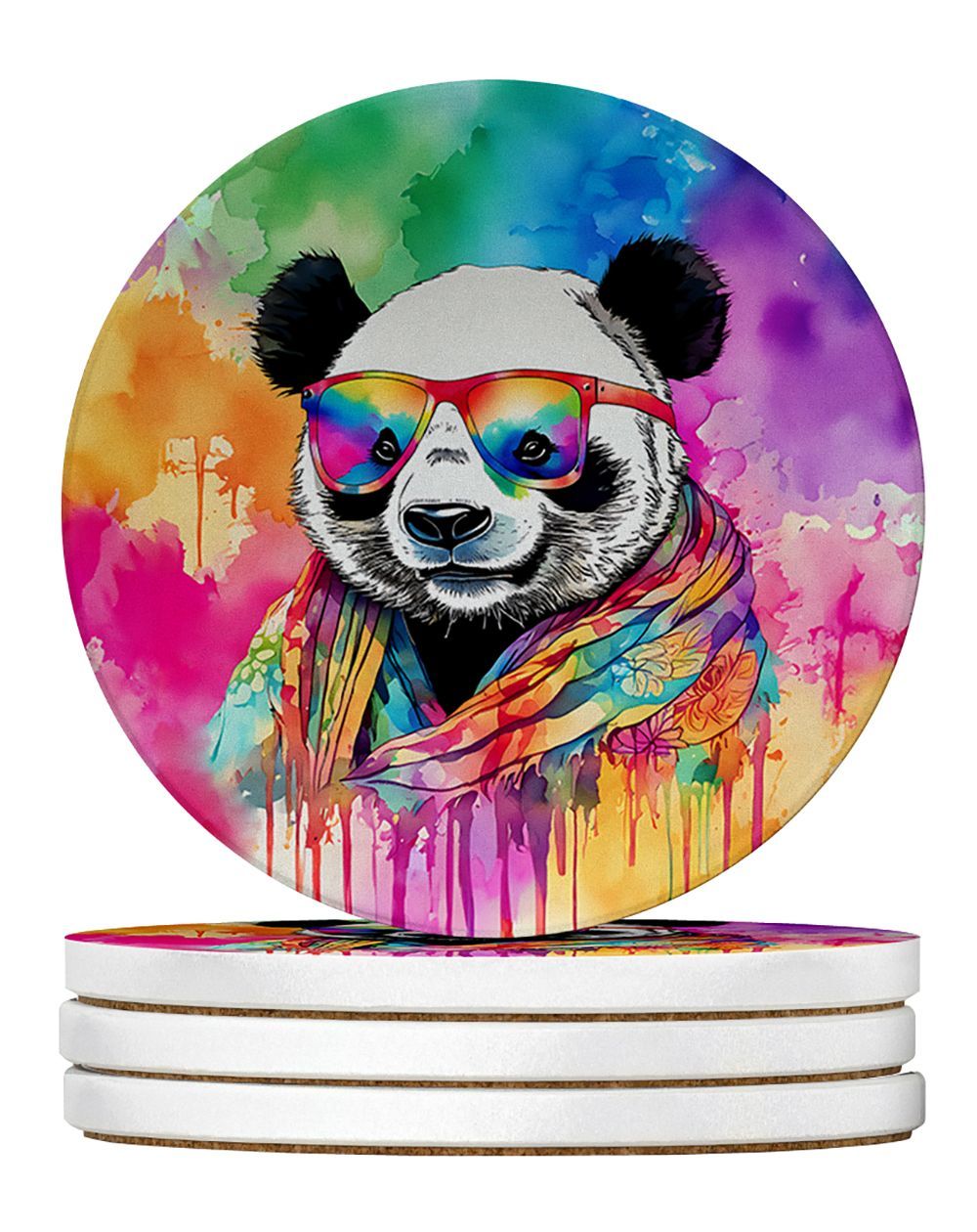 Hippie Animal Panda Large Sandstone Coasters Pack Of 4 Absorbent Round Coasters Decor Gifts For Men Or Women, 4 In, Multicolor_maomaolike.com