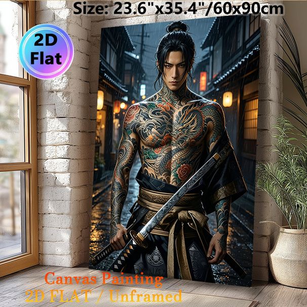 Japanese Samurai Painting Poster, Mysterious Dark Rainy Ancient Alley Scene Poster, Vivid Tattooed Warrior With Katana Design, Ideal For Home And_maomaolike.com
