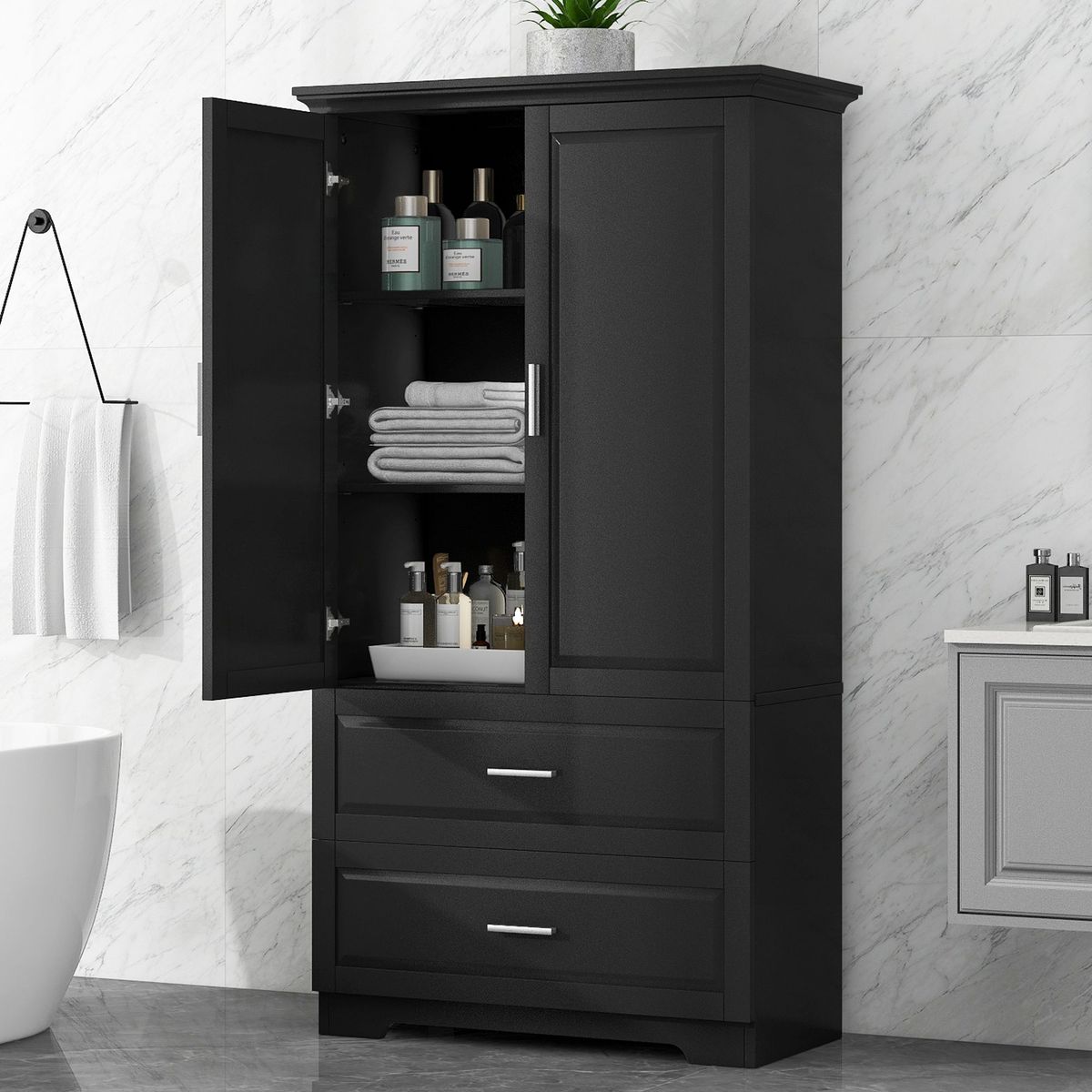 Tall Bathroom Storage Cabinet, Cabinet With Two Doors And Drawers, Adjustable Shelf, MDF Board_maomaolike.com