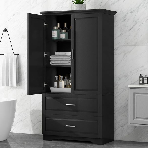 Tall Bathroom Storage Cabinet, Cabinet With Two Doors And Drawers, Adjustable Shelf, MDF Board_maomaolike.com