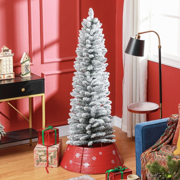 5ft Artificial Pencil Christmas Tree With 263 Snow Flocked Tips, Metal Base, Realistic Xmas Tree_maomaolike.com
