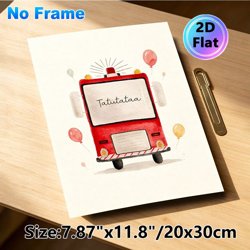Fire Truck Themed Painting Poster, Soft Watercolor Style Cute Red Fire Truck With Balloons Poster, Warm Decorative Piece Suitable For Bedroom, Living_maomaolike.com