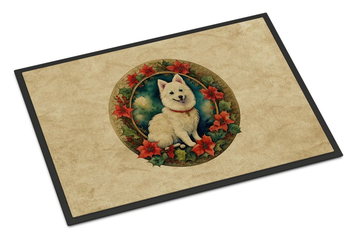 Japanese Spitz Christmas Flowers Doormat Front Door Mat Indoor Outdoor Rugs For Entryway, Non Slip Washable Low Pile, 24H X 36W_maomaolike.com