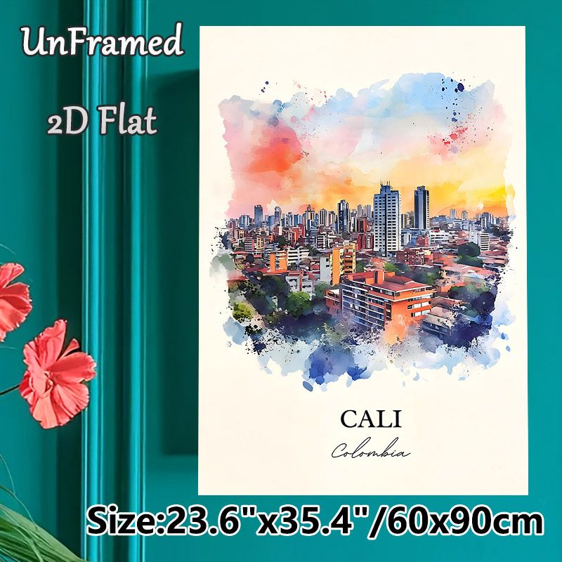 Cali Colombia Cityscape Painting Poster, Soft Watercolor Vibrant Sunset Urban Skyline Poster, Charming Urban Scenery Ideal For Home And Office Wall_maomaolike.com