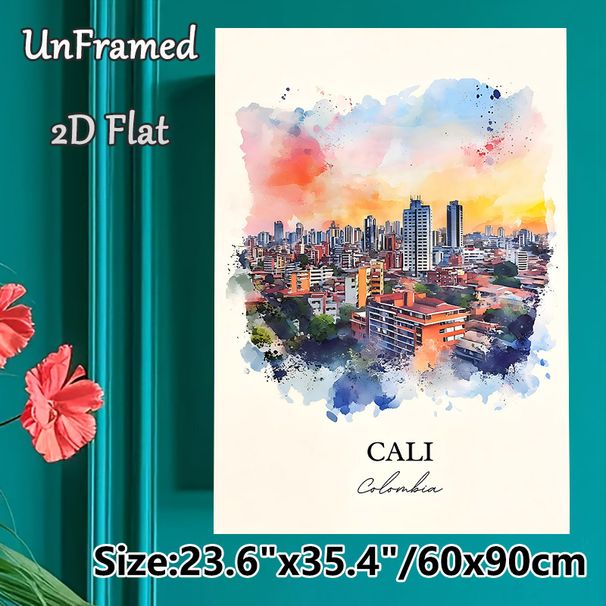 Cali Colombia Cityscape Painting Poster, Soft Watercolor Vibrant Sunset Urban Skyline Poster, Charming Urban Scenery Ideal For Home And Office Wall_maomaolike.com