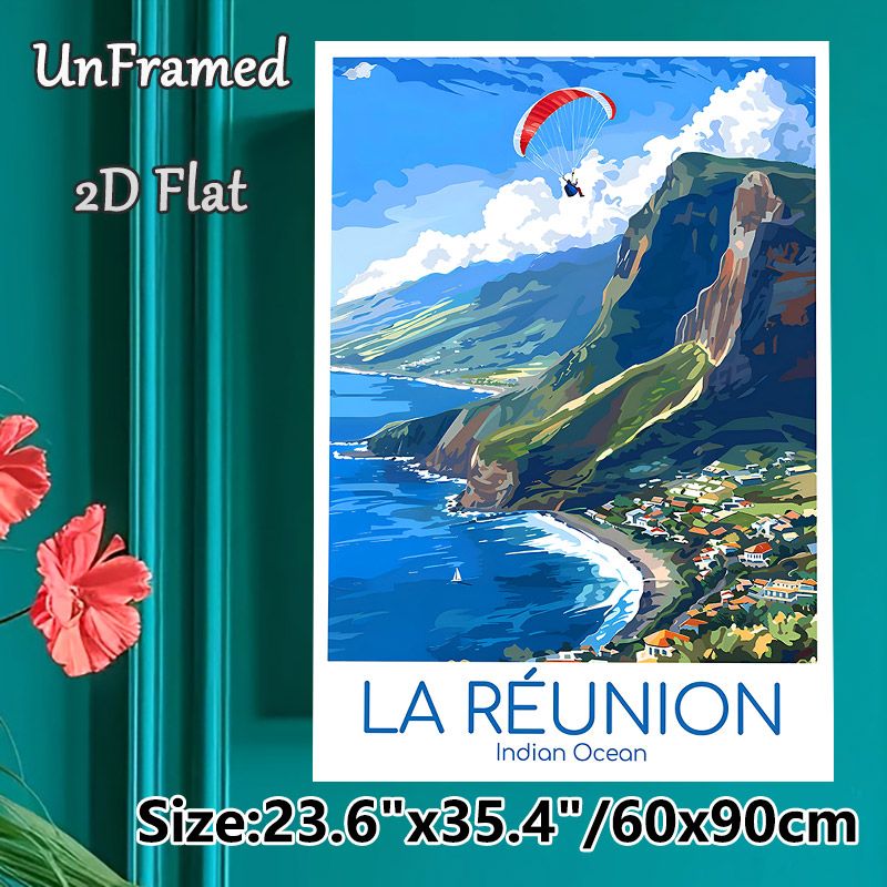 La Réunion Coastal Paragliding Painting Poster, Vibrant Retro Travel Style Poster, Scenic Ocean Cliff View With Paragliding, Ideal Wall Decor For_maomaolike.com