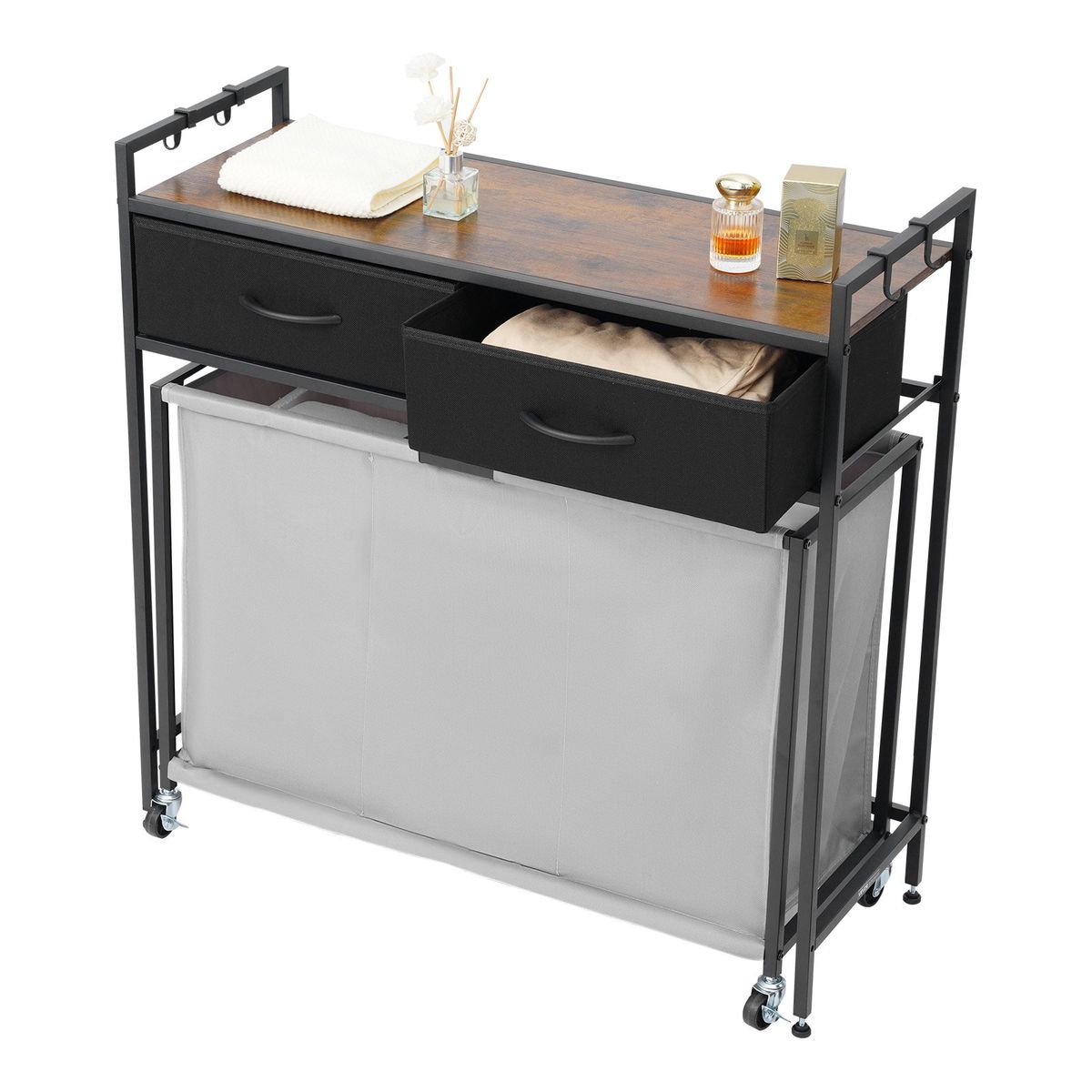 3 Section Laundry Sorter, Rolling Laundry Hamper With 2 Drawers, Hooks & Wheels, Rolling Basket Organizer Storage With Pull-Out Rolling Bags And Wooden Tabletop For Dirty Clothes, Bathroom_maomaolike.com