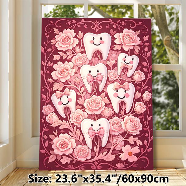 Cartoon Tooth & Rose Themed Painting Poster, Pastel Pink Cute Smiling Teeth With Bows & Floral Poster, Charming Dental-themed Decor Ideal For Dental_maomaolike.com