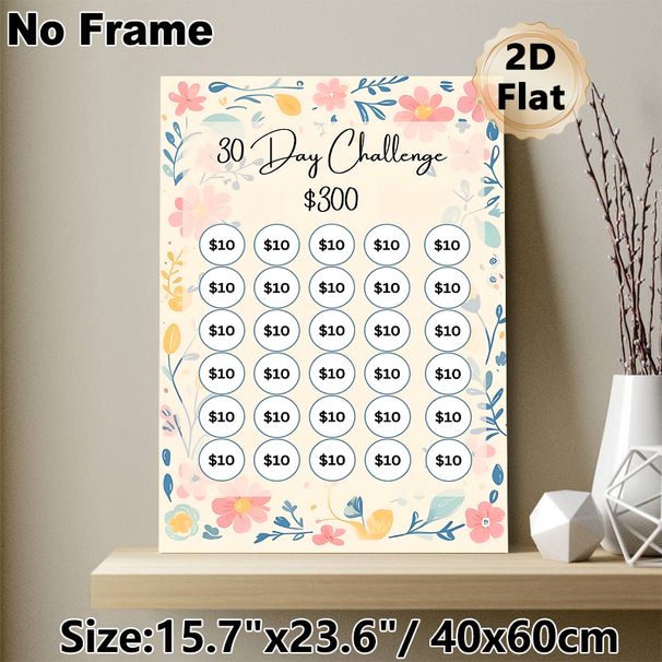 30-Day $300 Savings Challenge Painting Poster, Pastel Floral Decorative Poster, Helps Track Savings Progress Ideal For Home And Personal Finance_maomaolike.com