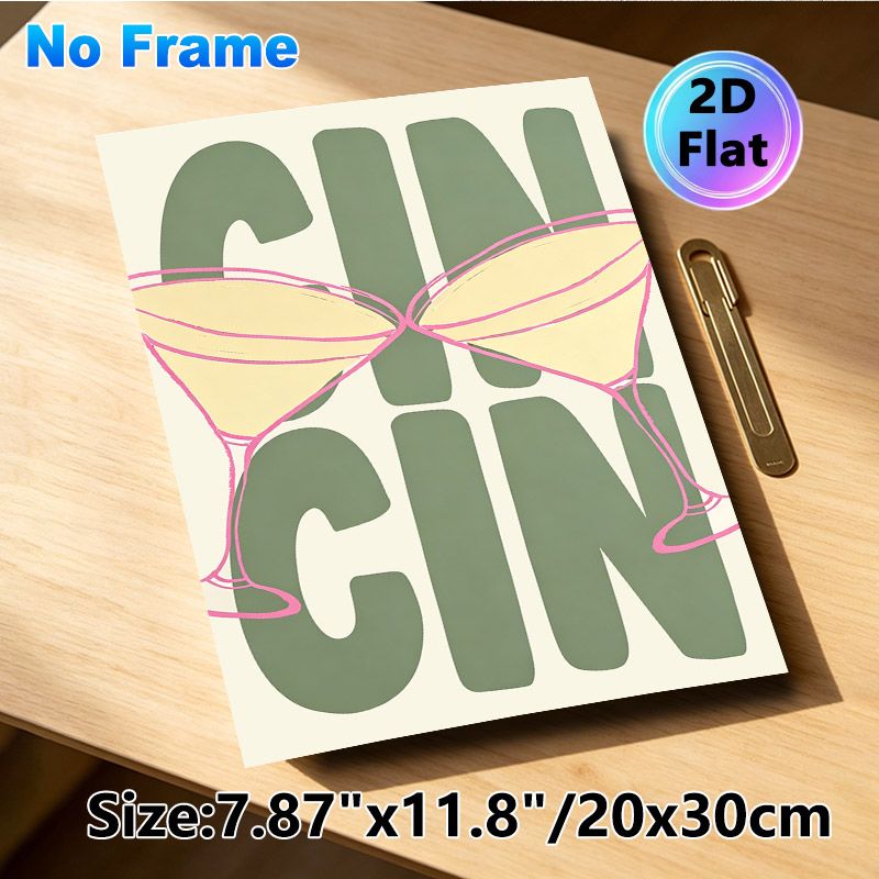 Cin Cin Martini Painting Poster, Soft-toned Minimalist Typography & Martini Glass Graphic Poster, Stylish Beverage-themed Decor Ideal For Home Bar_maomaolike.com