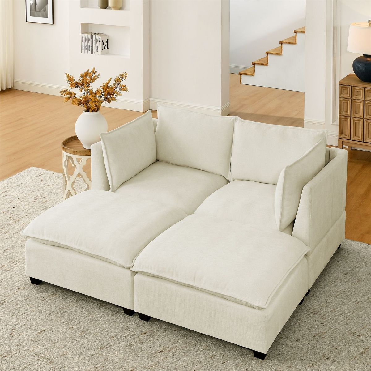 Comfy Cloud Couch Loveseat With 2 Ottoman, Modern Chenille Love Seat Upholstered Modular Couch Sleeper For Living Room, Apartment, Studio, Office(Beige White)_maomaolike.com