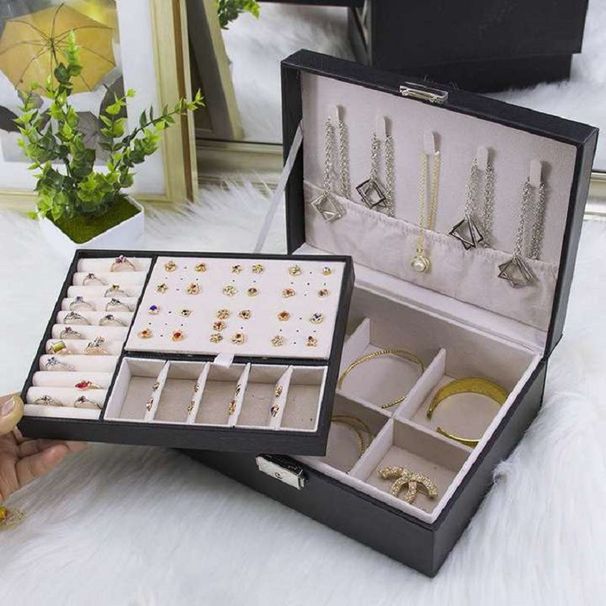Simple Jewelry Box With Lock, Large-capacity Double-layer Pu Leather Jewelry Storage Box, Stud Earrings, Necklace Storage Box_maomaolike.com
