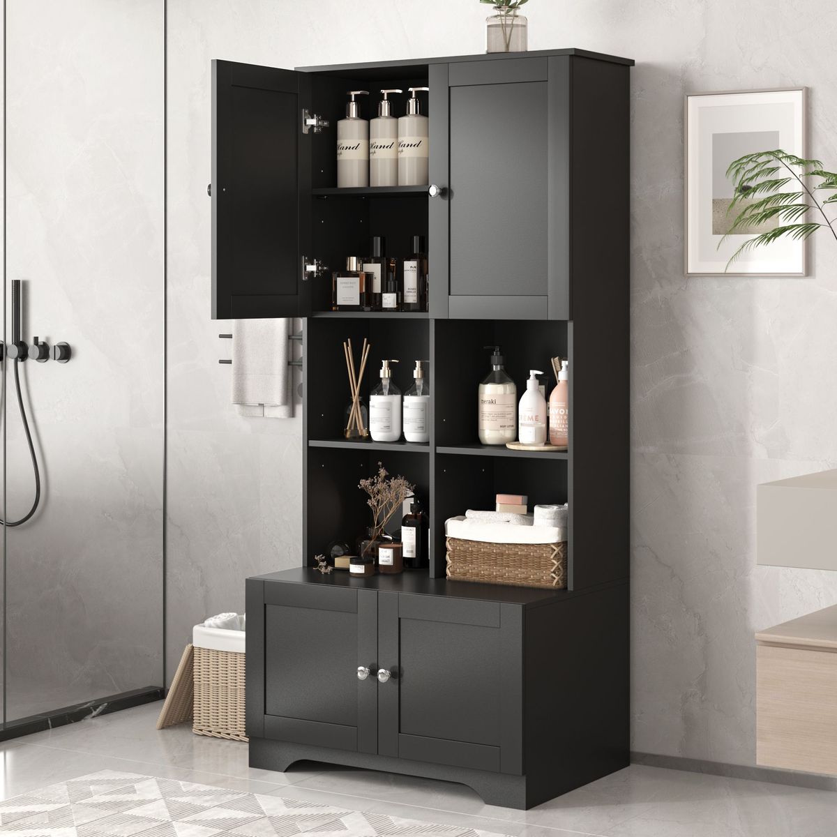 Tall And Wide Bathroom Floor Storage Cabinet, Bathroom Storage Unit, Freestanding Cabinet With 4 Doors, Adjustable Shelves, Open Multi-layer Shelves_maomaolike.com