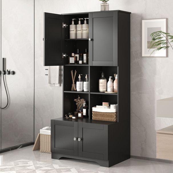 Tall And Wide Bathroom Floor Storage Cabinet, Bathroom Storage Unit, Freestanding Cabinet With 4 Doors, Adjustable Shelves, Open Multi-layer Shelves_maomaolike.com