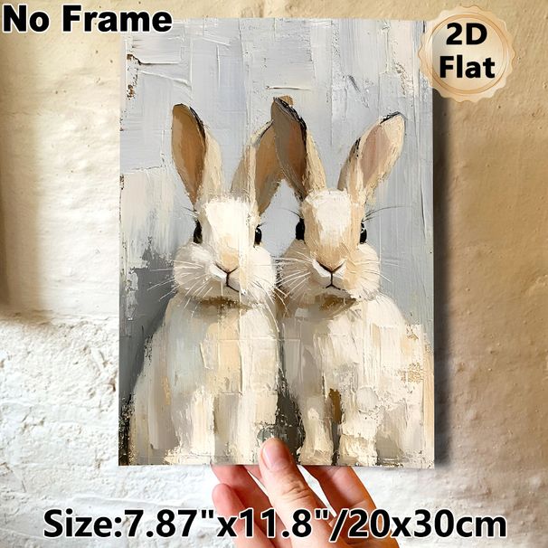 Two Rabbits Painting Poster, Textured Impasto-style Paired Rabbits Poster, Soft-toned Animal Artwork Adds Warm Rustic Touch, Ideal For Living Room_maomaolike.com