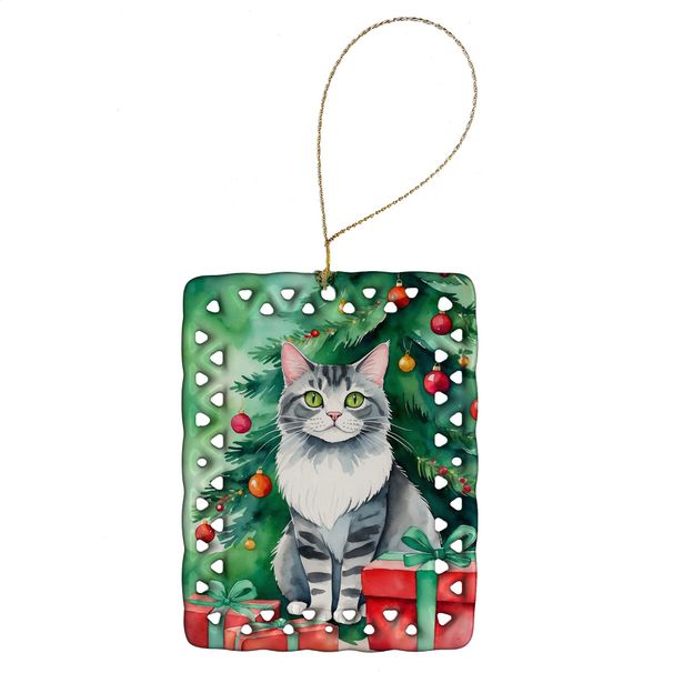 Foldex Exotic Fold Cat By The Christmas Tree Porcelain Ornament Christmas Tree Hanging Decorations For Home Christmas Holiday, Rectangle, Gift, Multicolor_maomaolike.com