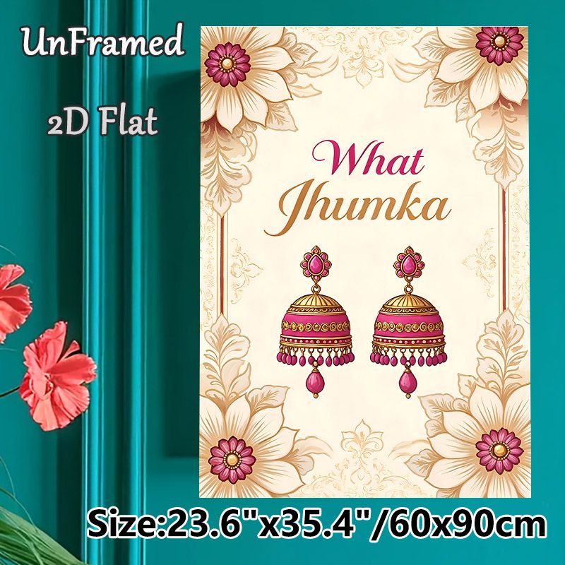 Indian Jhumka Earrings Painting Poster, Vintage Ornate Ethnic Style Poster, Elegant Pink & Gold Jhumka Design With Delicate Floral Border, Cultural_maomaolike.com
