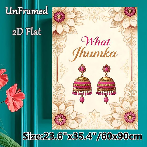 Indian Jhumka Earrings Painting Poster, Vintage Ornate Ethnic Style Poster, Elegant Pink & Gold Jhumka Design With Delicate Floral Border, Cultural_maomaolike.com