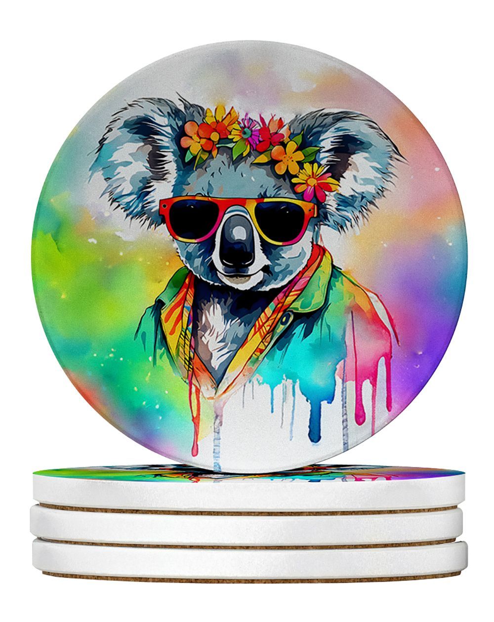 Hippie Animal Koala Large Sandstone Coasters Pack Of 4 Absorbent Round Coasters Decor Gifts For Men Or Women, 4 In, Multicolor_maomaolike.com