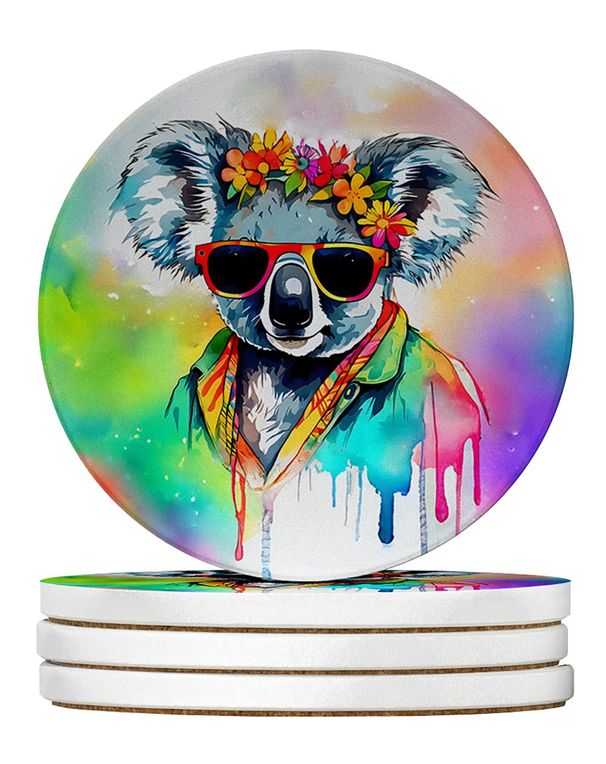 Hippie Animal Koala Large Sandstone Coasters Pack Of 4 Absorbent Round Coasters Decor Gifts For Men Or Women, 4 In, Multicolor_maomaolike.com