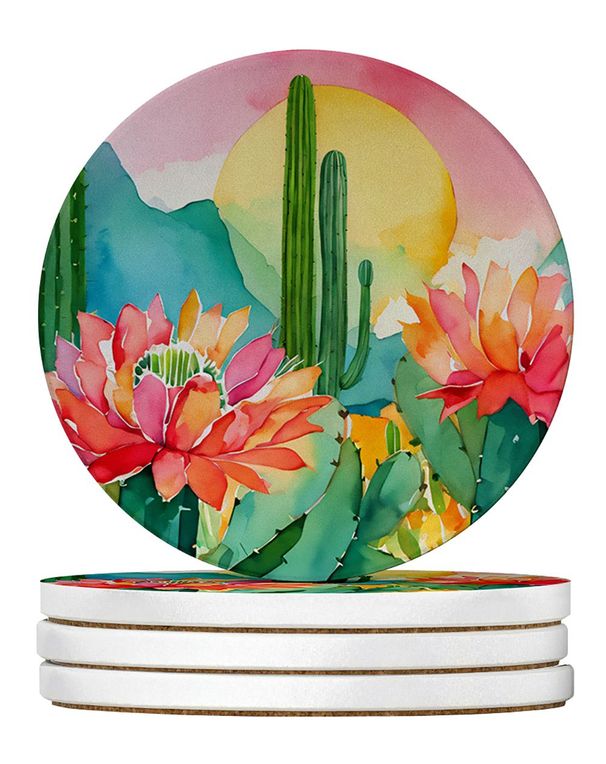 Arizona Saguaro Cactus Blossom In Watercolor Large Sandstone Coasters Pack Of 4 Absorbent Round Coasters Decor Gifts For Men Or Women, 4 In, Multicolor_maomaolike.com