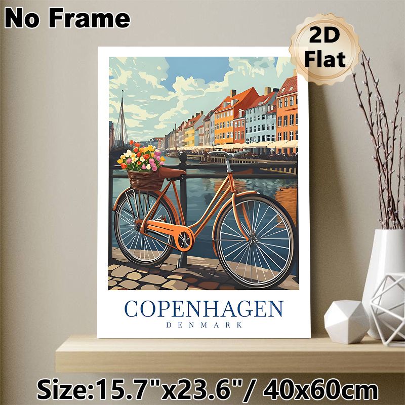 Copenhagen Bicycle Painting Poster, Vibrant Retro Canal-side Town Scene Poster, Cozy Nostalgic Decor Option For Living Room, Bedroom And Entryway_maomaolike.com