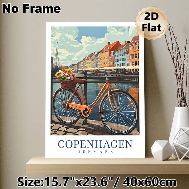 Copenhagen Bicycle Painting Poster, Vibrant Retro Canal-side Town Scene Poster, Cozy Nostalgic Decor Option For Living Room, Bedroom And Entryway_maomaolike.com