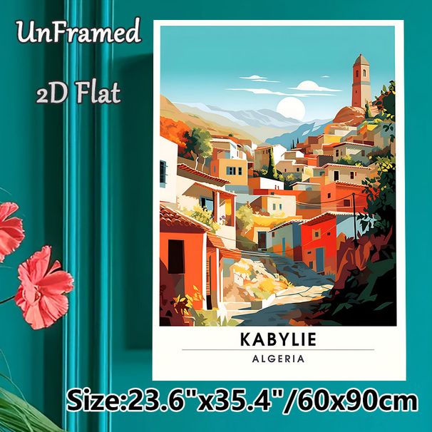 Kabylie Algeria Village Travel Painting Poster, Vibrant Retro Sunlit Hillside Village Scene Poster, Warm Travel-themed Decor Ideal For Living Room_maomaolike.com