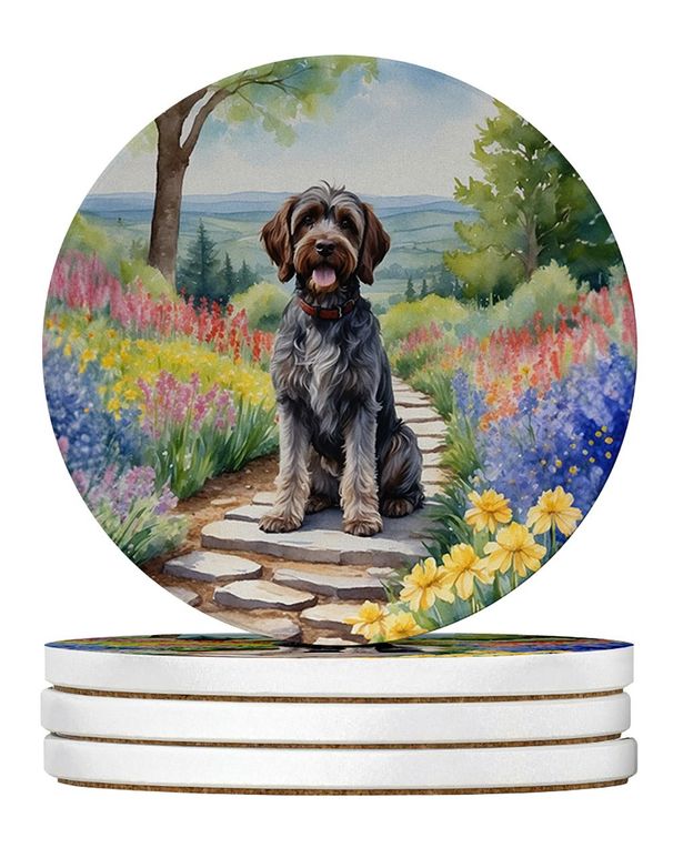 Wirehaired Pointing Griffon Spring Path Large Sandstone Coasters Pack Of 4 Absorbent Round Coasters Decor Gifts For Men Or Women, 4 In, Multicolor_maomaolike.com