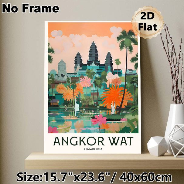 Angkor Wat Themed Painting Poster, Colorful Tropical Waterfront Scene Poster, Travel-inspired Decorative Piece Suitable For Living Room, Bedroom And_maomaolike.com