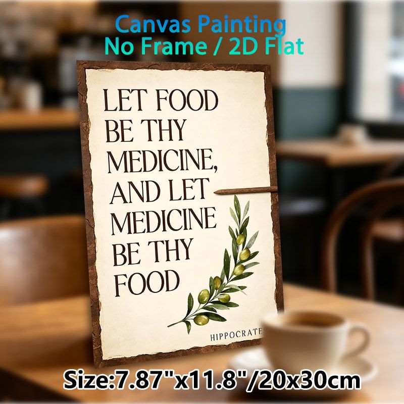 Food & Medicine Quote Painting Poster, Vintage Rustic Style Poster With Olive Branch And Classic Saying, Inspirational Wall Decor For Kitchen, Dining_maomaolike.com