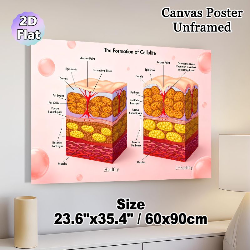 Cellulite Formation Anatomical Painting Poster, Informative Medical Illustration Poster, Clear Comparison Of Healthy & Unhealthy Skin Structures_maomaolike.com