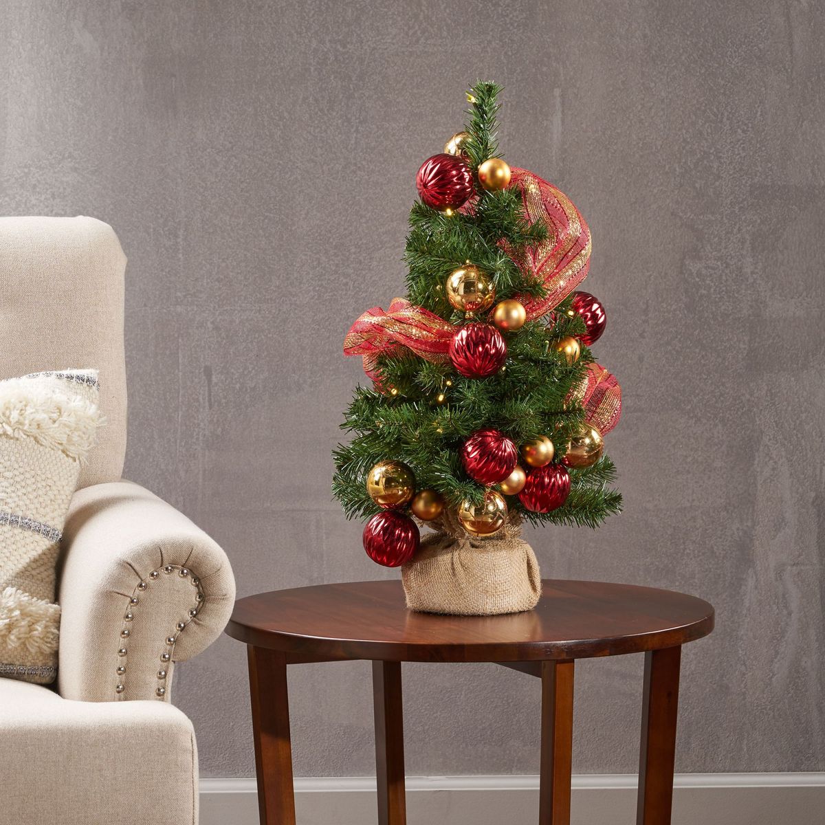 2'RED/GOLD DECORATION BURLAP Tree WITH 50 WARM WHITE LED LIGHTS-BATTERY OPERATED_maomaolike.com