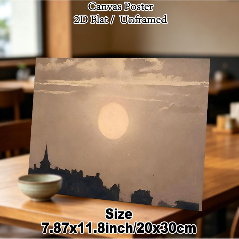 City Silhouette & Large Moon Landscape Painting Poster, Muted-tone Retro Oil Painting Style Poster, Calm Atmospheric Decor Ideal For Living Room_maomaolike.com