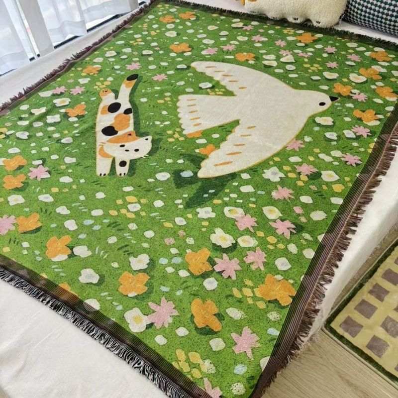Original Flower Sea Cat Vintage Style Art Sofa Single Knitted Throw Blanket Carpet Tapestry Decorative Painting_maomaolike.com