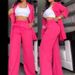 Women's Clothing Elegant Solid Color Split Sleeve Lapel Suit Pocket Straight Pants Suit_maomaolike.com