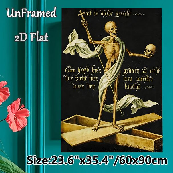 Memento Mori Painting Poster, Vintage Gothic Skeleton With Cross & Skull On Coffin Poster, Dark Retro Art Decor Suitable For Gothic-style Living_maomaolike.com