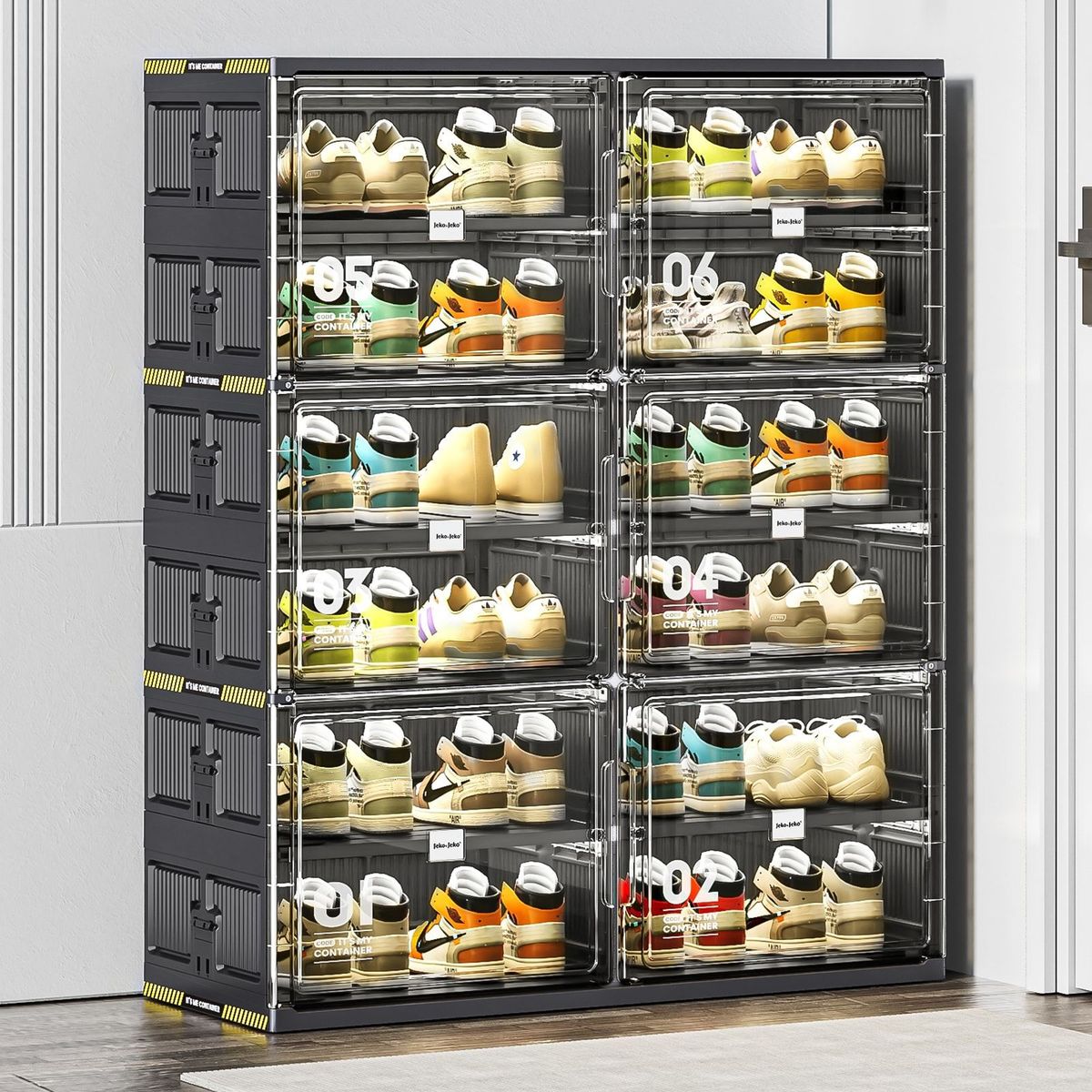 6 Tiers 24 Pairs Hard Plastic Shoe Storage Organizer Cabinet For Entryway, Large Stackable Collapsible Sneaker Shoe Box Organizer For Closet, Portable Folding Shoe Cabinet With Doors, Black_maomaolike.com