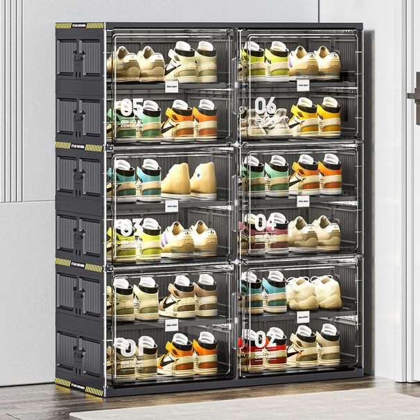 6 Tiers 24 Pairs Hard Plastic Shoe Storage Organizer Cabinet For Entryway, Large Stackable Collapsible Sneaker Shoe Box Organizer For Closet, Portable Folding Shoe Cabinet With Doors, Black_maomaolike.com