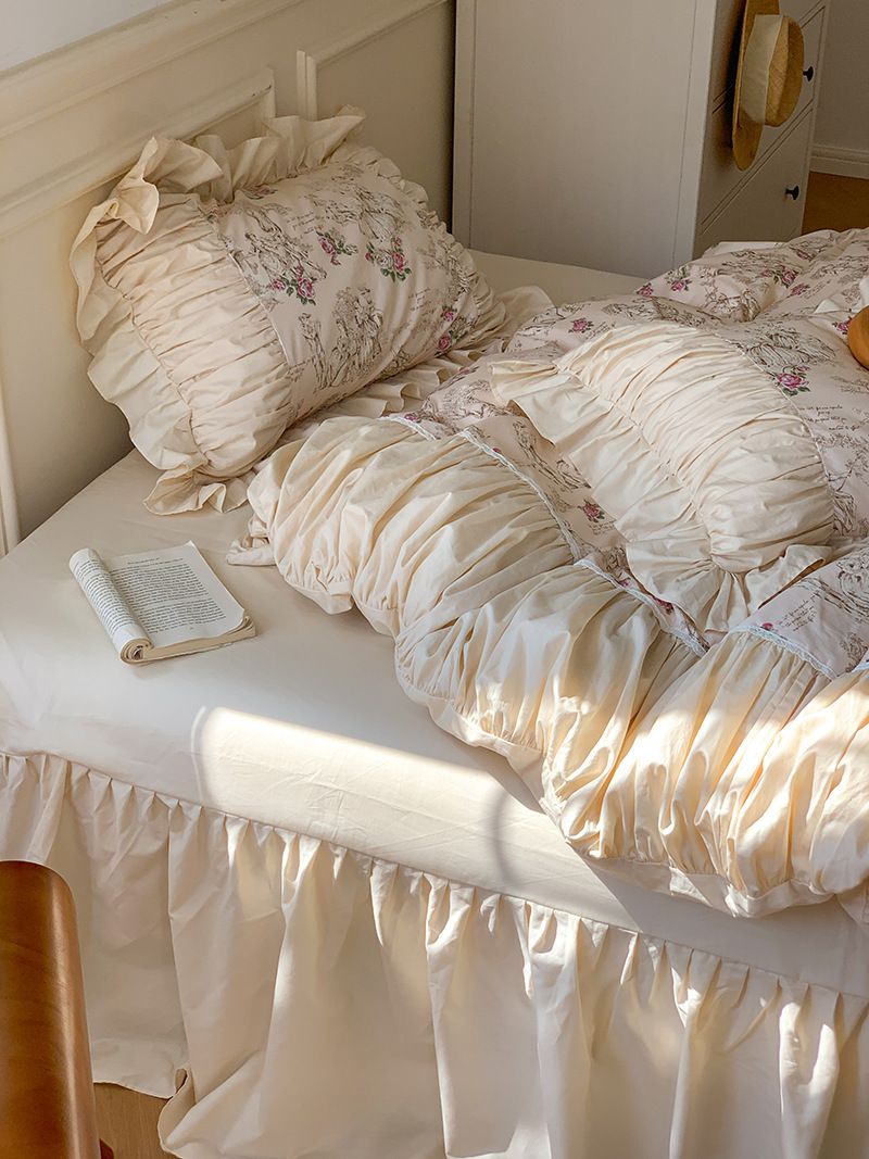 Nordic Vintage Boho Retro Princess-style Lace Ruffle Four-piece Set With Skirt, Bed Sheet, Duvet Cover, Pure Cotton_maomaolike.com