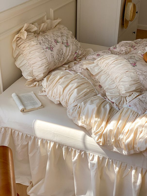 Nordic Vintage Boho Retro Princess-style Lace Ruffle Four-piece Set With Skirt, Bed Sheet, Duvet Cover, Pure Cotton_maomaolike.com