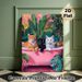 Bath Cats Painting Poster, Vibrant Whimsical Tropical Style Poster, Playful Design With Three Cute Cats In Pink Bathtub Surrounded By Lush Green_maomaolike.com