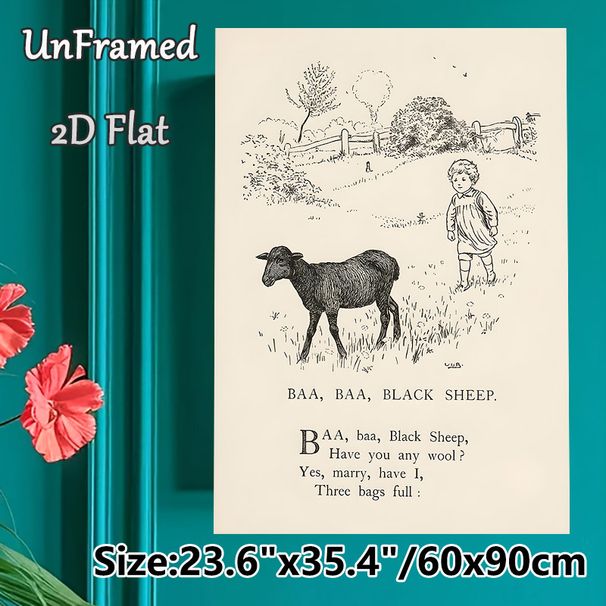 Baa Baa Black Sheep Themed Painting Poster, Vintage Monochrome Line Art Rural Scene Poster, Classic Folk Rhyme Print, Ideal For Living Room, Study And_maomaolike.com