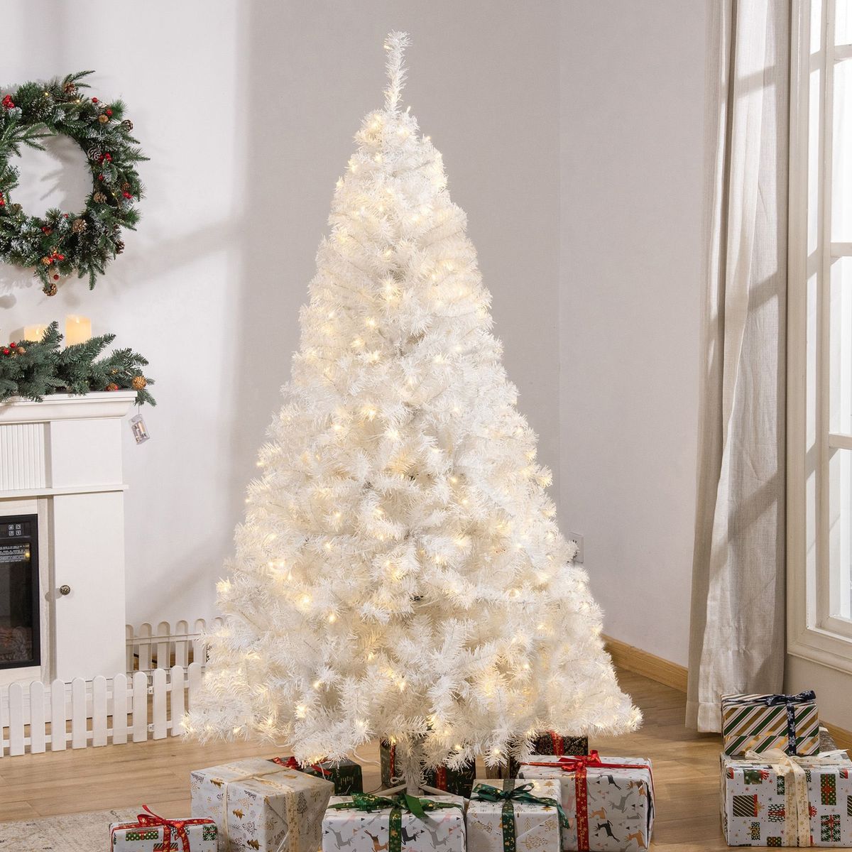 6 Ft Tall Prelit Christmas Tree Douglas Fir Artificial Christmas Tree With Realistic Branches, 250 Warm White LED Lights And 1000 Tips, White_maomaolike.com