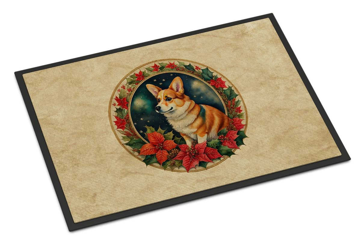 Corgi Christmas Flowers Doormat Front Door Mat Indoor Outdoor Rugs For Entryway, Non Slip Washable Low Pile, 24H X 36W_maomaolike.com