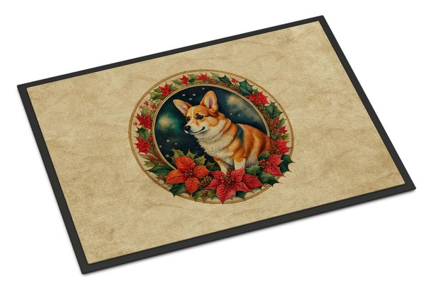 Corgi Christmas Flowers Doormat Front Door Mat Indoor Outdoor Rugs For Entryway, Non Slip Washable Low Pile, 24H X 36W_maomaolike.com