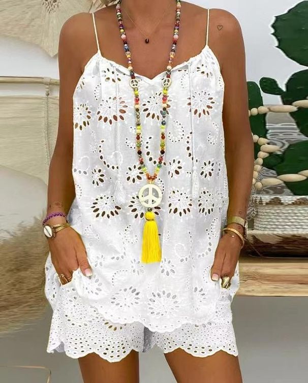 Women's temperament elegant sleeveless drawstring ruffled hollow camisole shorts suit_maomaolike.com