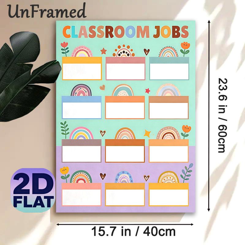 Classroom Jobs Painting Poster, Soft Boho Style Colorful Rainbow & Floral Poster, Practical Layout To Organize Classroom Duties, Ideal For Classroom_maomaolike.com